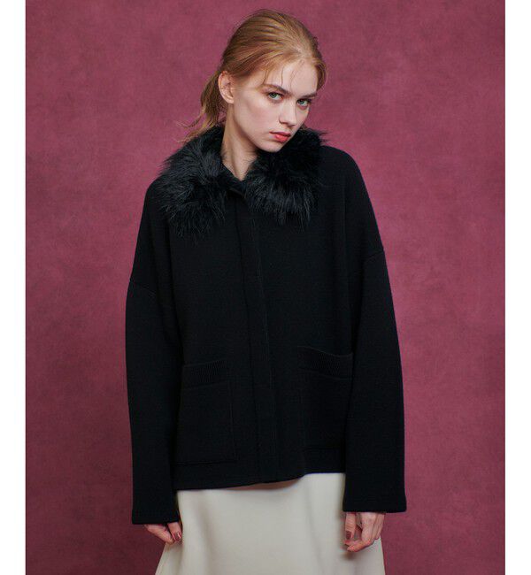 LOULOU WILLOUGHBY「【LOULOU WILLOUGHBY】ファー衿ニットショートコート」|ダッフルコート|ブラック