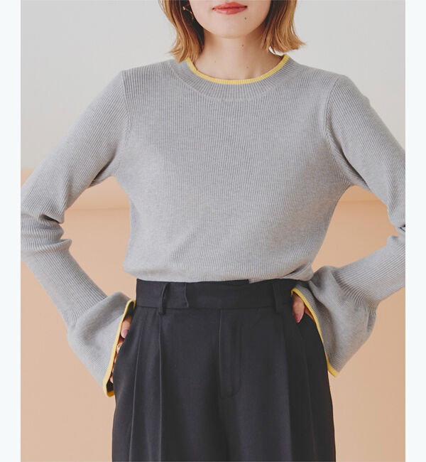 titivate「クルーネックベルスリーブニット」|ニット・セーター|グレー/イエロー