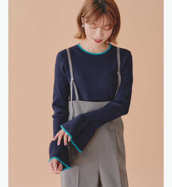 titivate「クルーネックベルスリーブニット」|ニット・セーター|ネイビー/ブルー