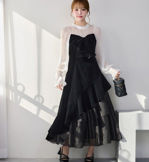  「ベロアリボン異素材ロングワンピース」|ワンピース|