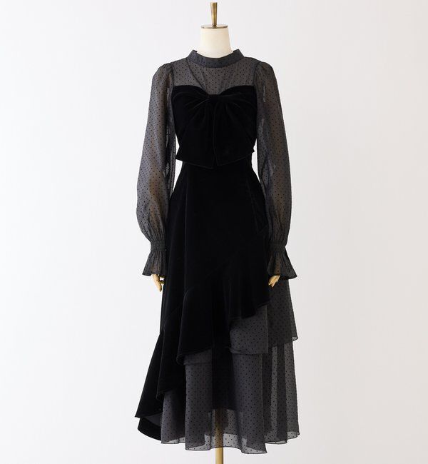  「ベロアリボン異素材ロングワンピース」|ワンピース|