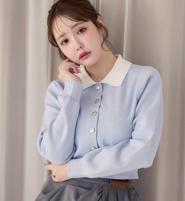  「配色襟付きニット」|ニット・セーター|サックスブルー