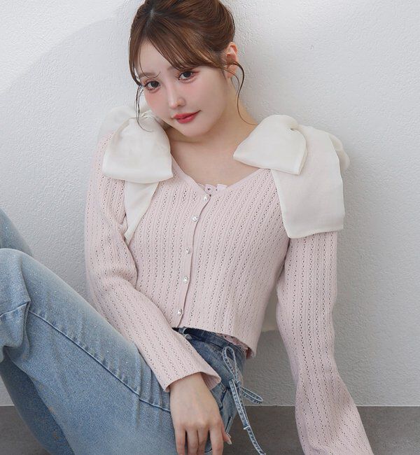  「キラキラボタンアイレットカーデ」|ニット・セーター|ピンク