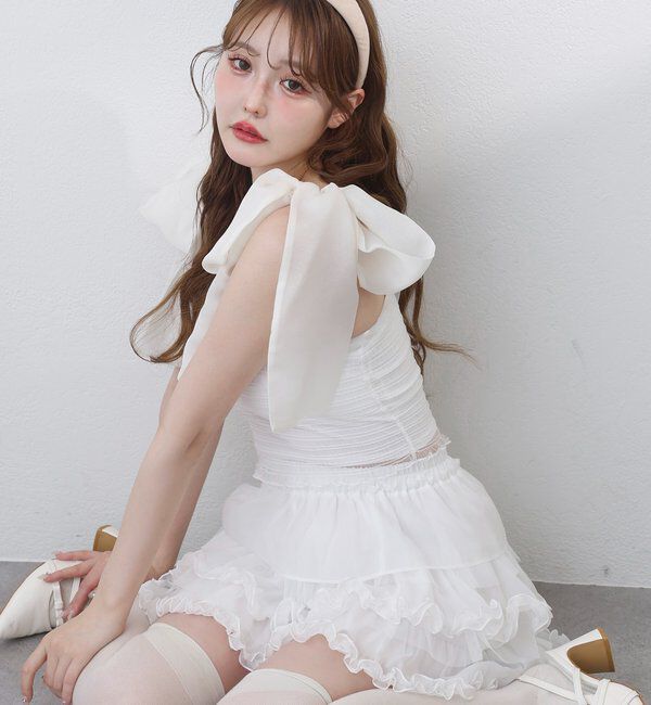  「肩リボン取り外し可能カップ付きシャーリングインナー」|プルオーバー|オフホワイト