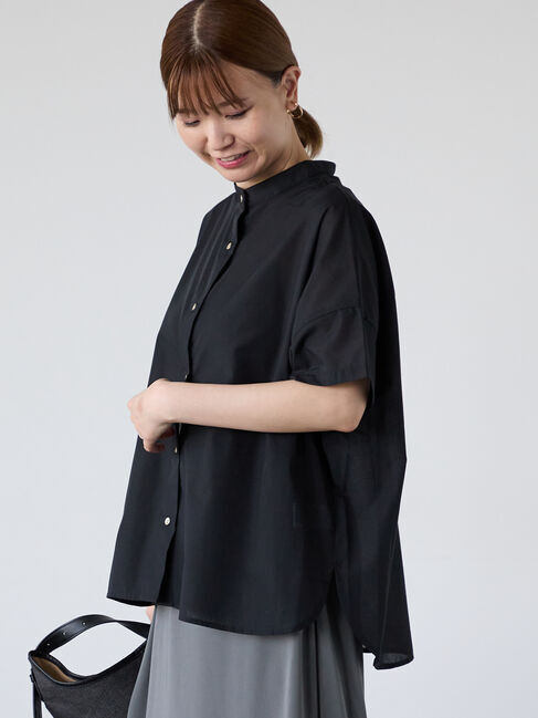 Lugnoncure「【イージーケア】無地/柄アソート金釦バンドカラーシャツ」|シャツ・ブラウス|ブラック
