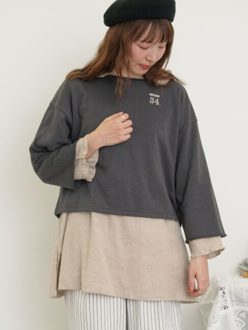 Samansa Mos2「インレイ裏毛カットオフロゴ刺繍カットソー」|Tシャツ・カットソー|チャコールグレー