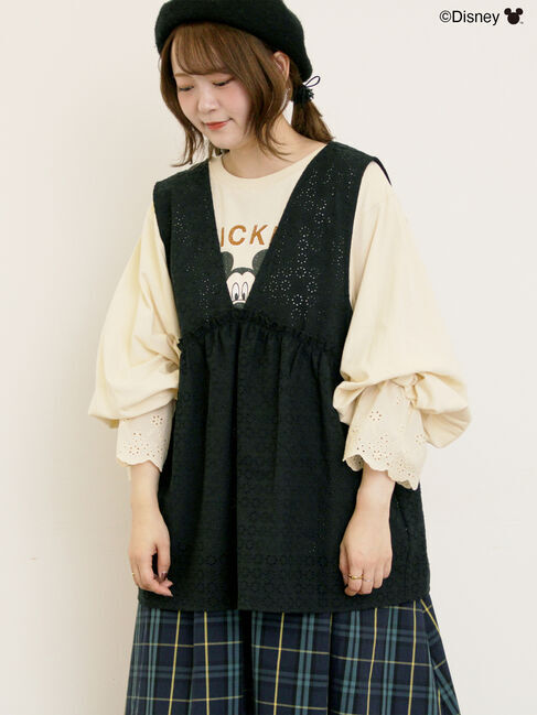 Samansa Mos2「【Disney】ミッキーマウス/レース柄ベスト」|ダウンベスト・ベスト|ブラック