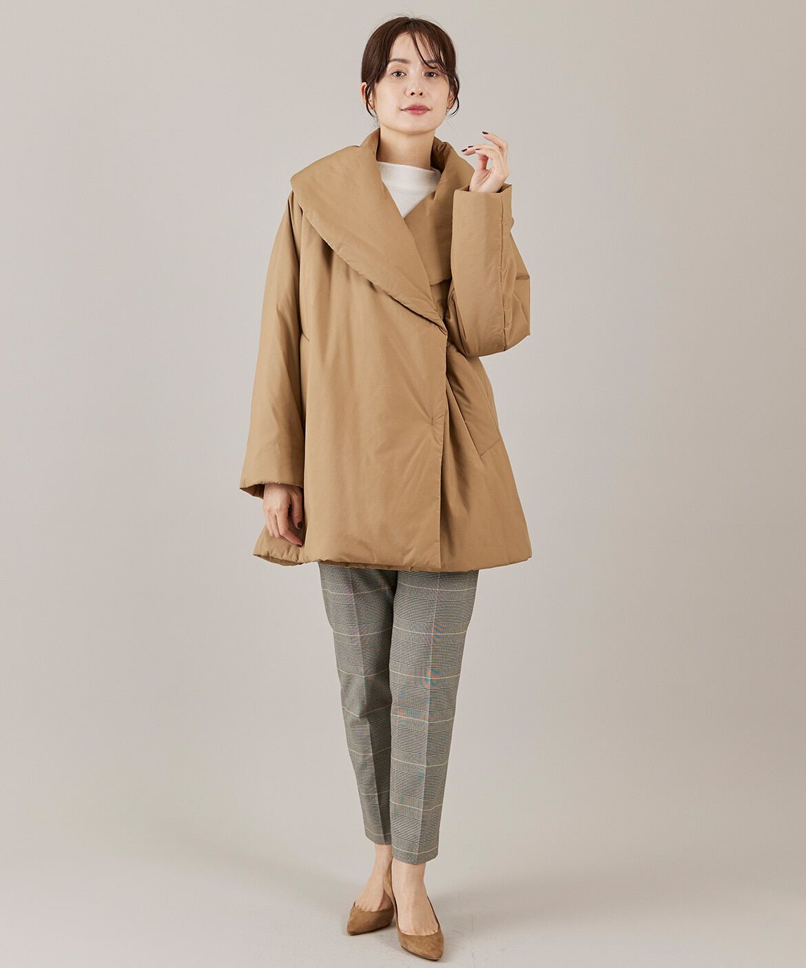 INED「《大きいサイズ》ショールカラーミドル丈中綿コート」|ピーコート|