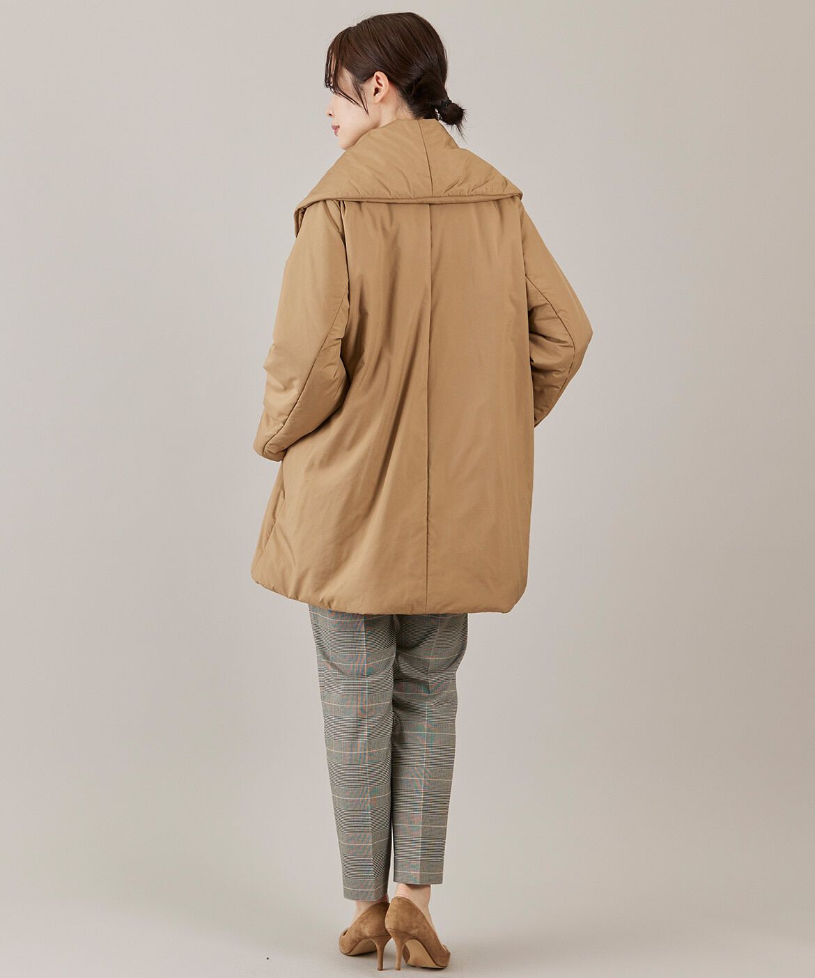 INED「《大きいサイズ》ショールカラーミドル丈中綿コート」|ピーコート|