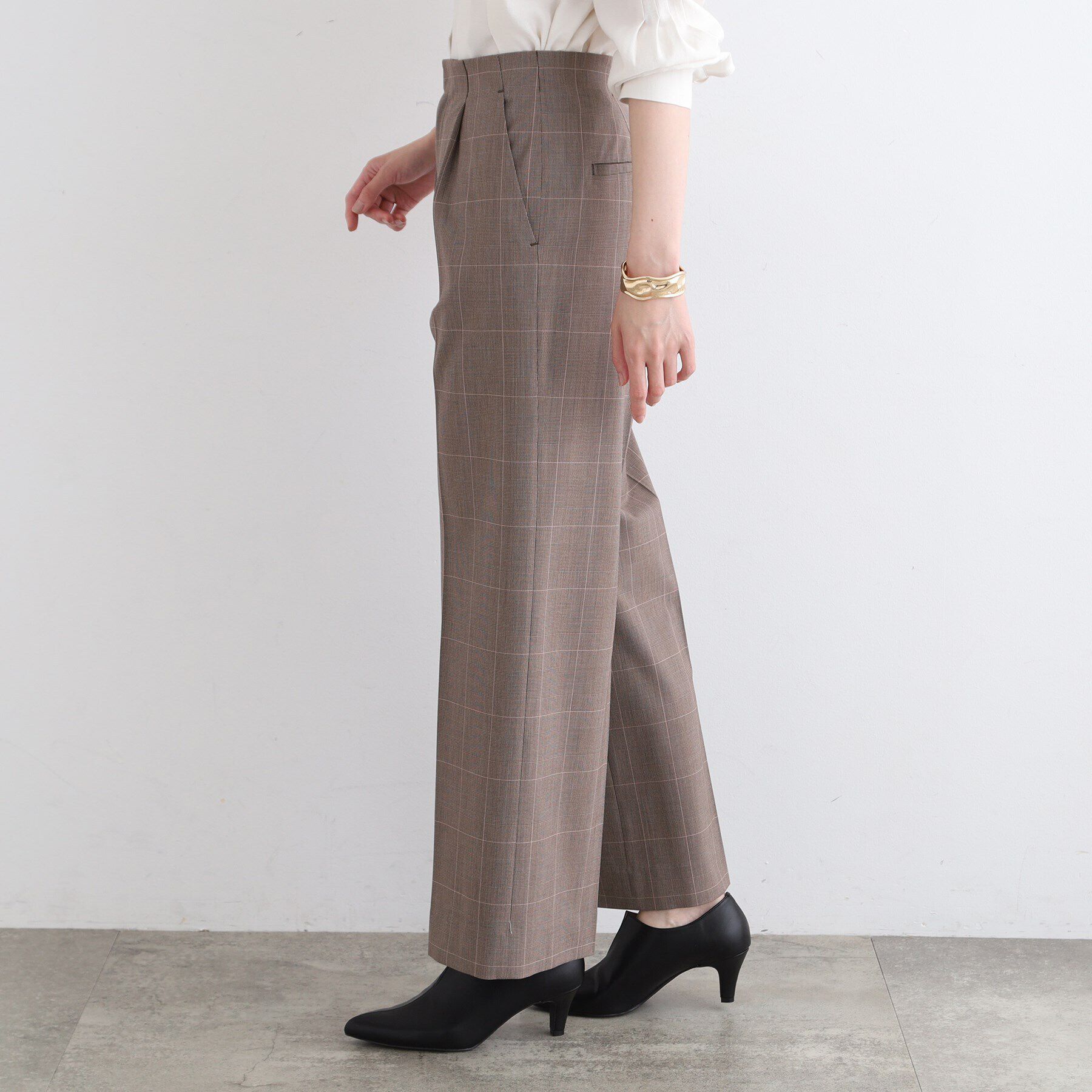 INDIVI「【褒められパンツ／ウエストゴム】チェック柄ワイドパンツ」|その他|