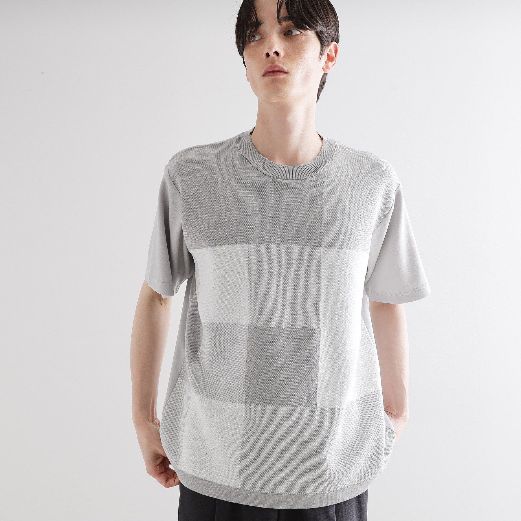 tk.TAKEO KIKUCHI「ニットドッキングブロックチェック」|Tシャツ・カットソー|ライトグレー(011