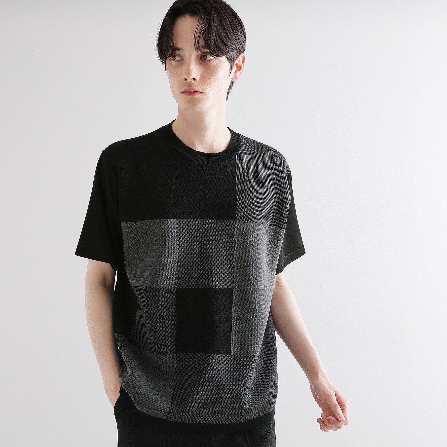 tk.TAKEO KIKUCHI「ニットドッキングブロックチェック」|Tシャツ・カットソー|ブラック(019)