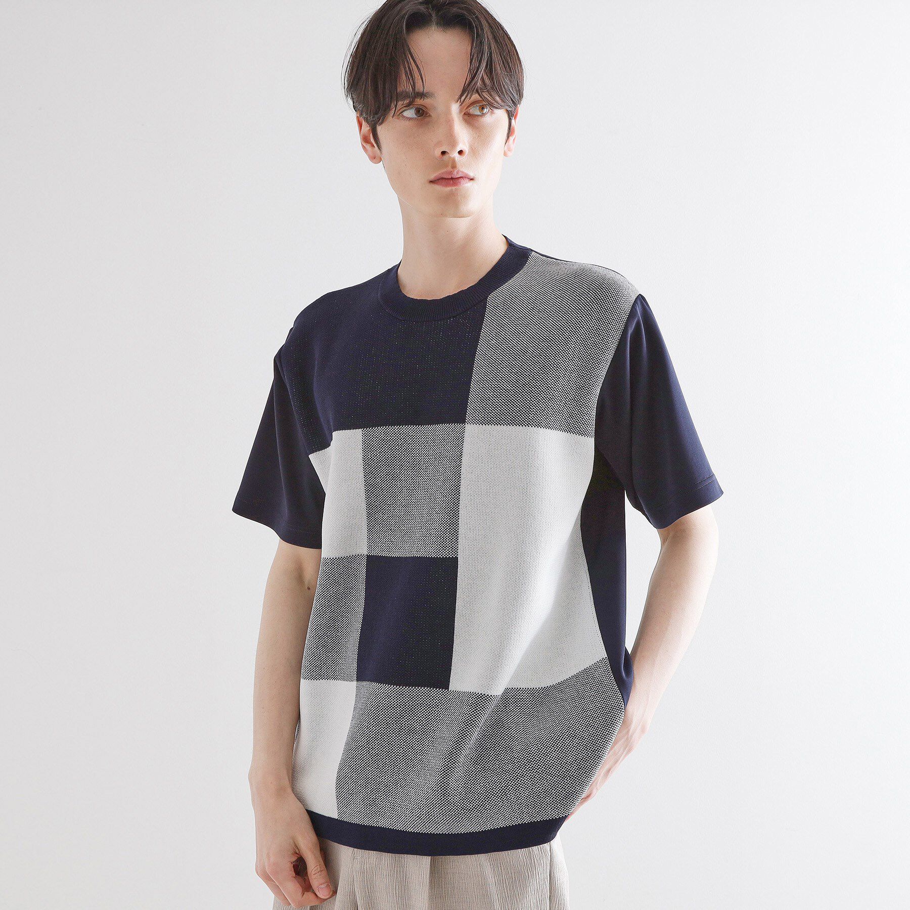 tk.TAKEO KIKUCHI「ニットドッキングブロックチェック」|Tシャツ・カットソー|ネイビー(094)