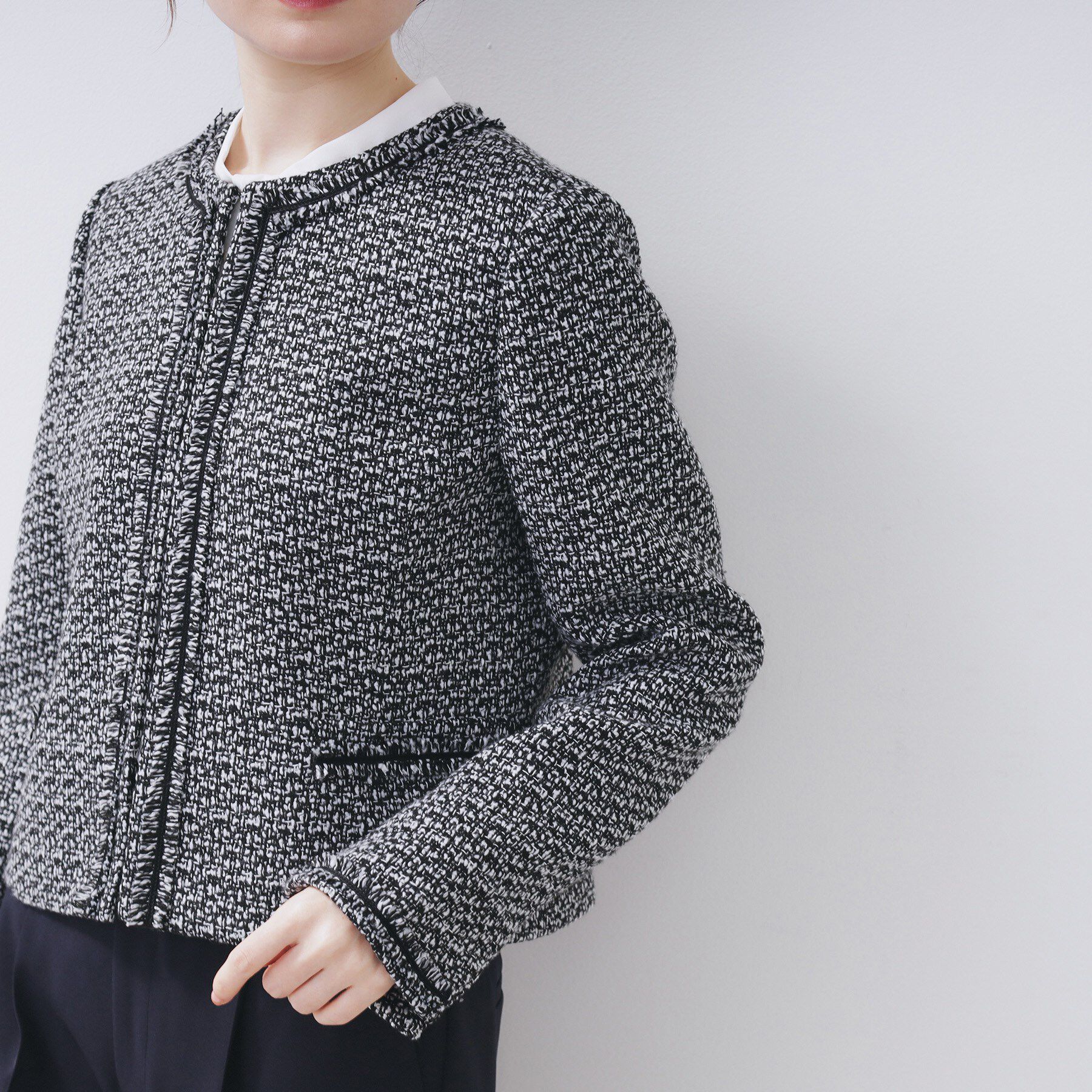 index「≪通勤・セレモニー/セットアップ対応≫ノーカラーツイードジャケット【洗濯機OK】」|ノーカラージャケット|
