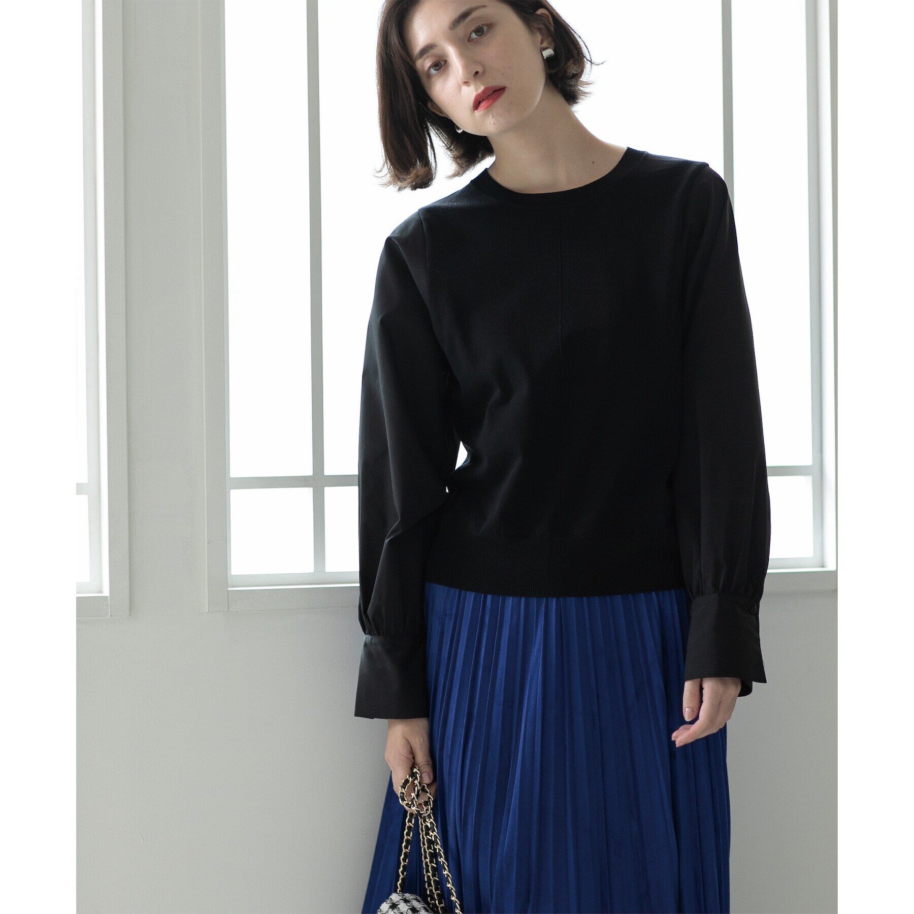 OPAQUE.CLIP「異素材切り替えニット【洗濯機洗い可】」|ニット・セーター|ブラック(019)