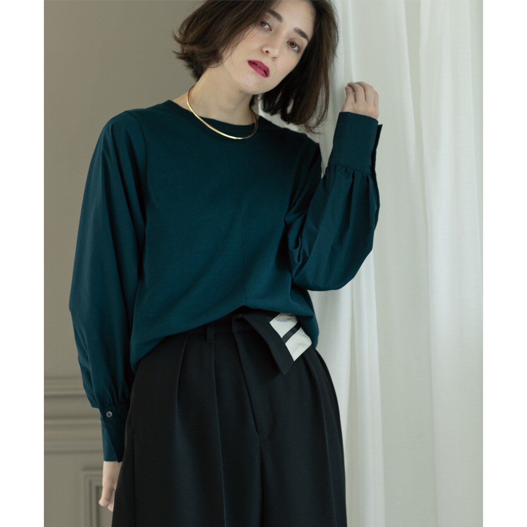 OPAQUE.CLIP「異素材切り替えニット【洗濯機洗い可】」|ニット・セーター|グリーン(024)