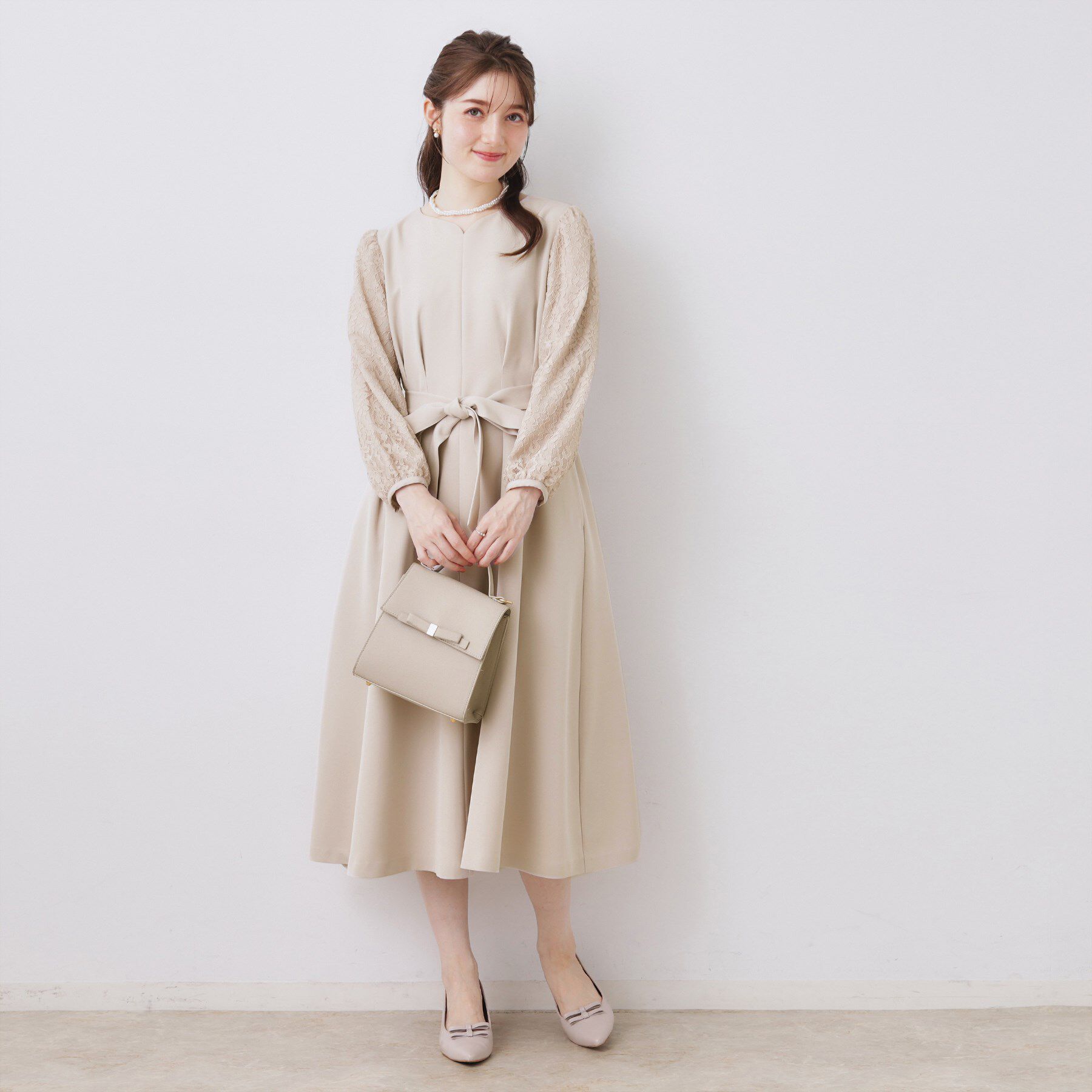 Couture broach「【ハレの日・通勤】レース袖タックフレアワンピース」|ワンピース|