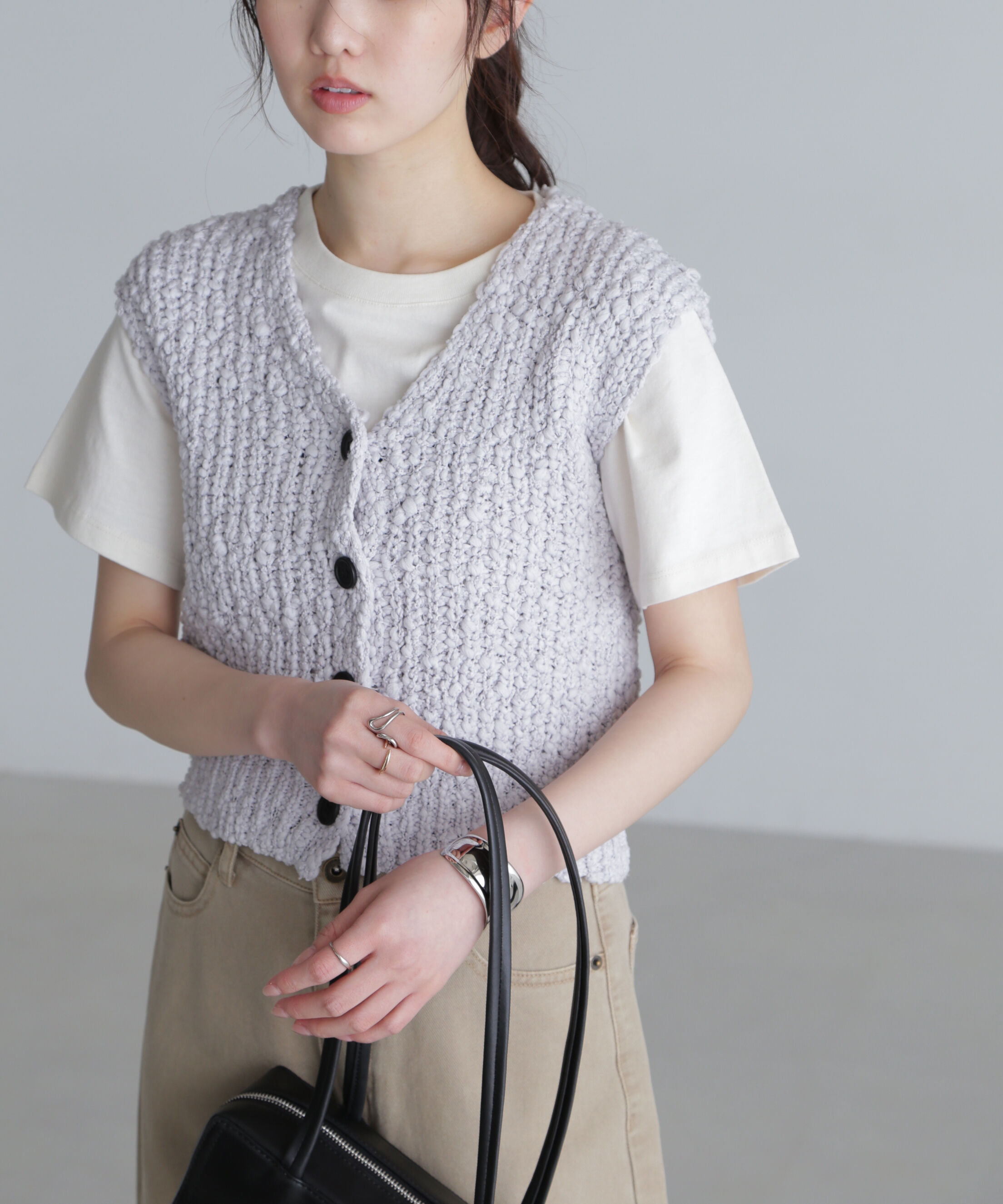  「ファンシーヤーンＶネックベスト」|ニット・セーター|グレー