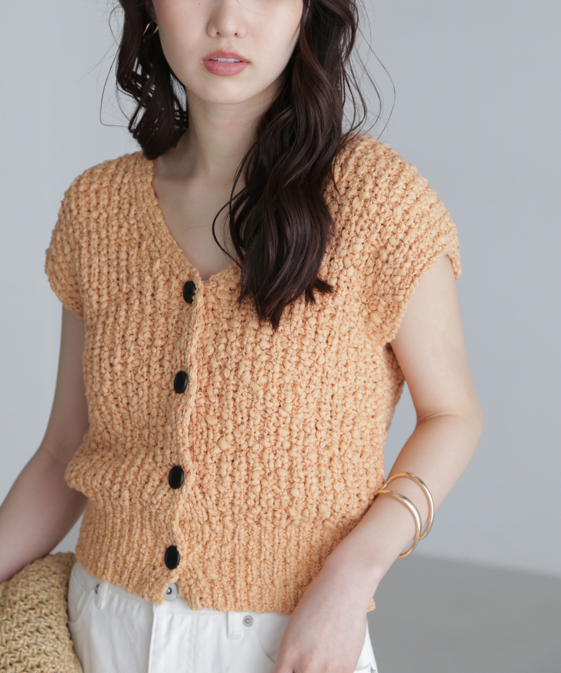  「ファンシーヤーンＶネックベスト」|ニット・セーター|オレンジ