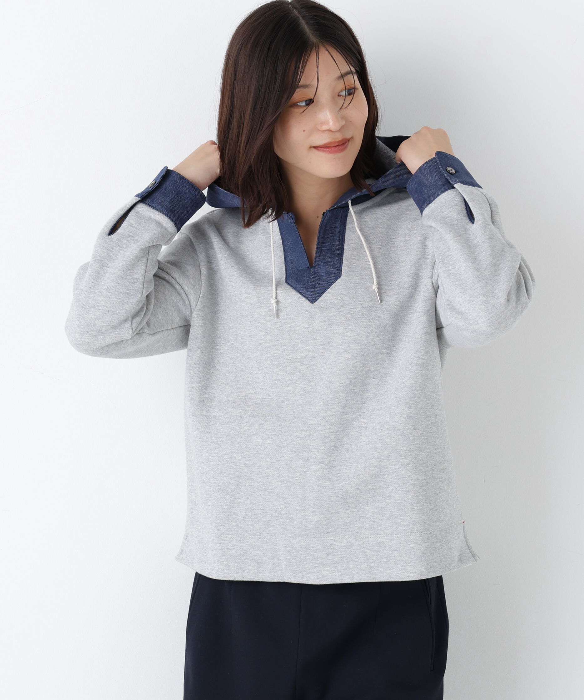  「◆デニムドッキングフーディープルオーバー」|Tシャツ・カットソー|グレー