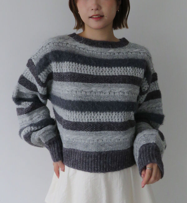 archives「異素材ボーダーメッシュニットプルオーバー」|ニット・セーター|GRAY