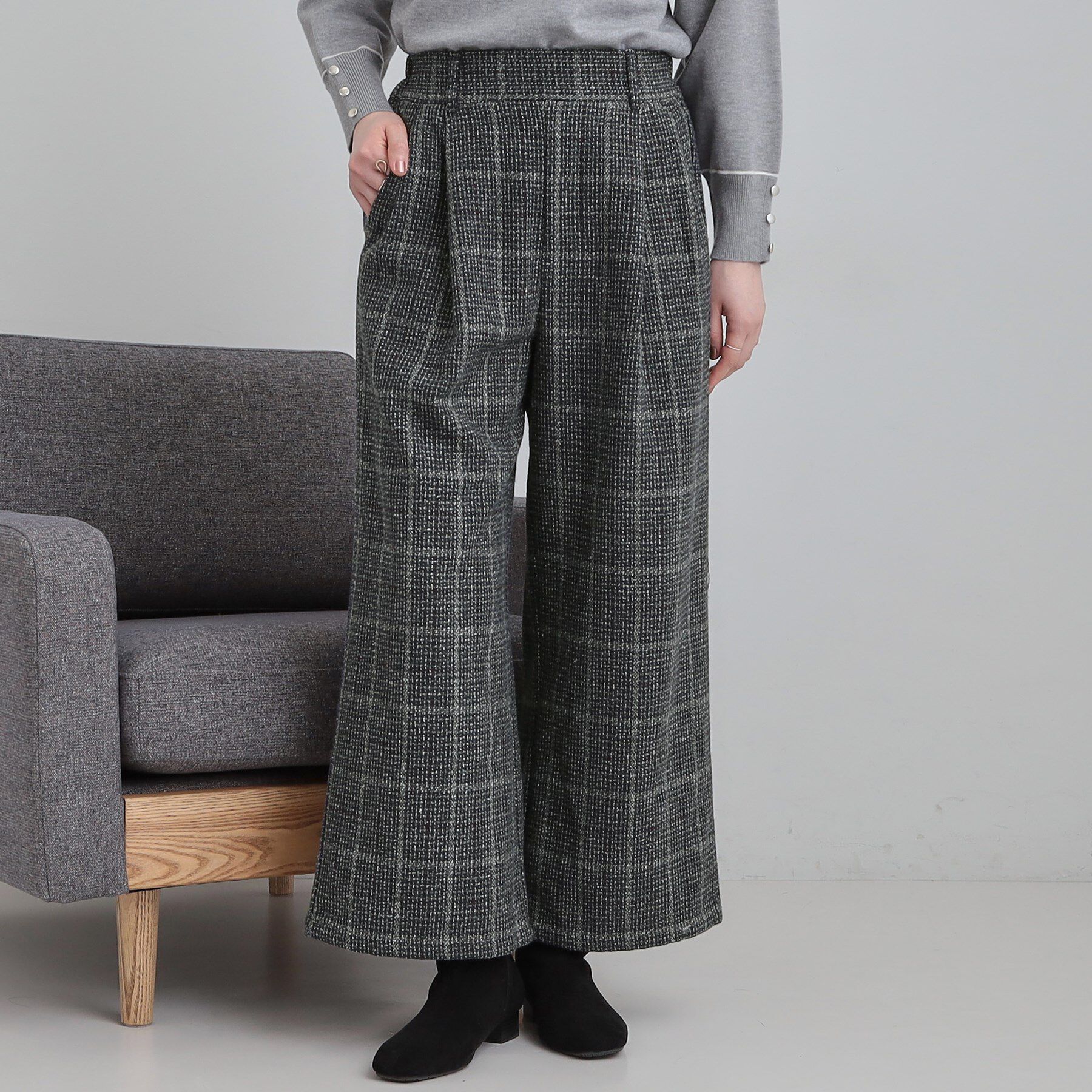 SHOO･LA･RUE「【あったか】脚のラインをきれいに魅せる チェック柄ワイドパンツ」|その他|ネイビー(294)