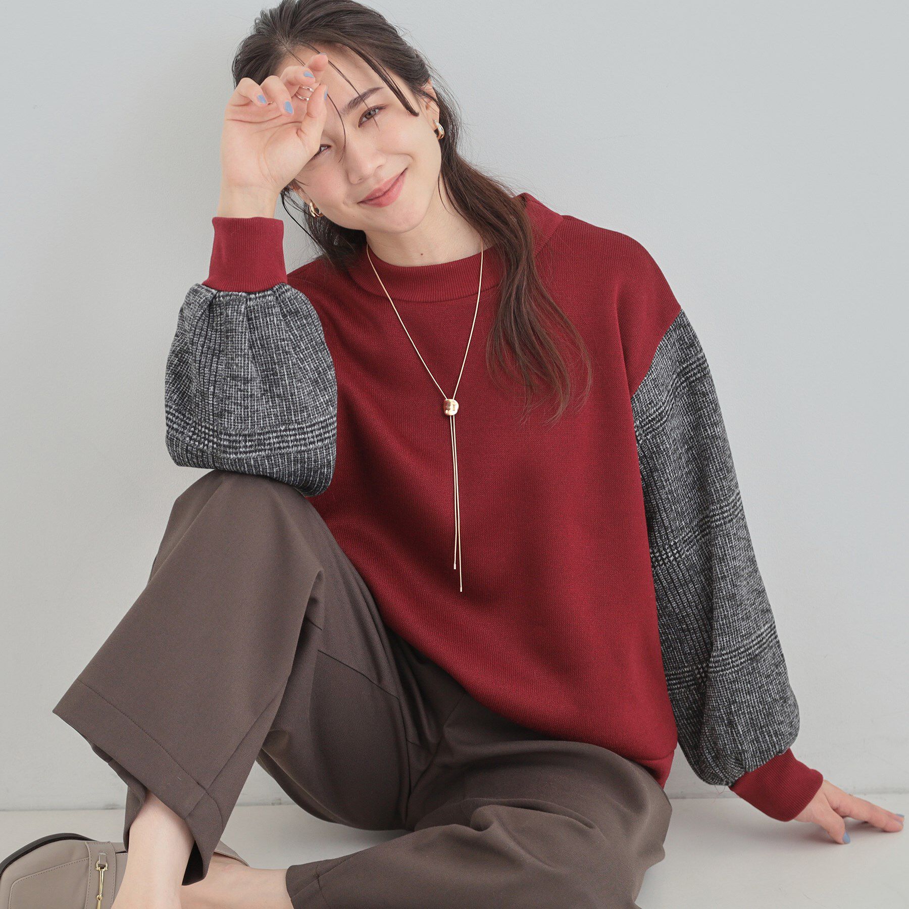 SHOO･LA･RUE「【S-L/あったか】お袖チェック裏起毛トップス」|パーカー|レッド(063)