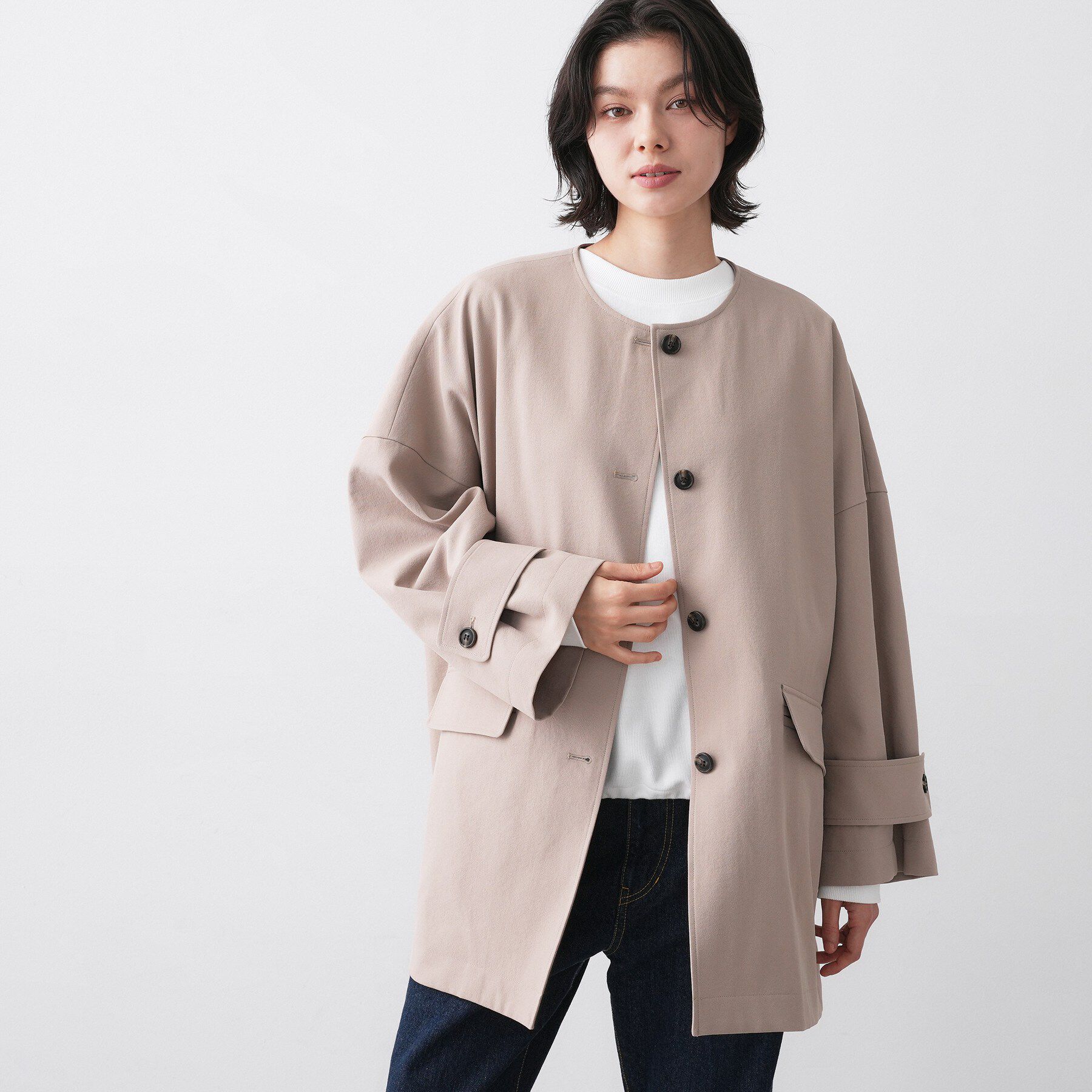 Dessin「【花粉ガード/撥水加工/洗える】クルーネックスプリングコート」|ノーカラーコート|