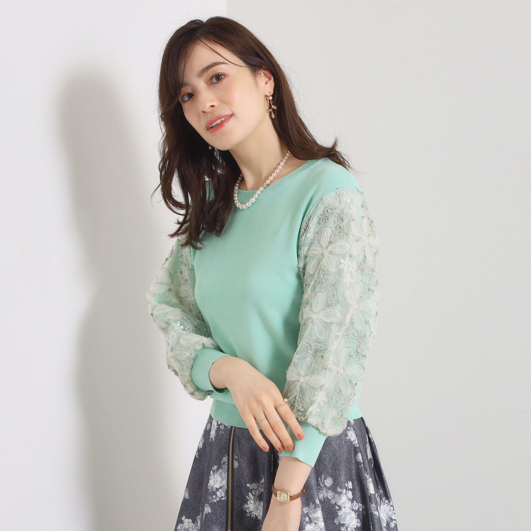 ITS&rsquo;DEMO「【手洗い可】立体レース袖ニット」|ニット・セーター|ミントグリーン(02