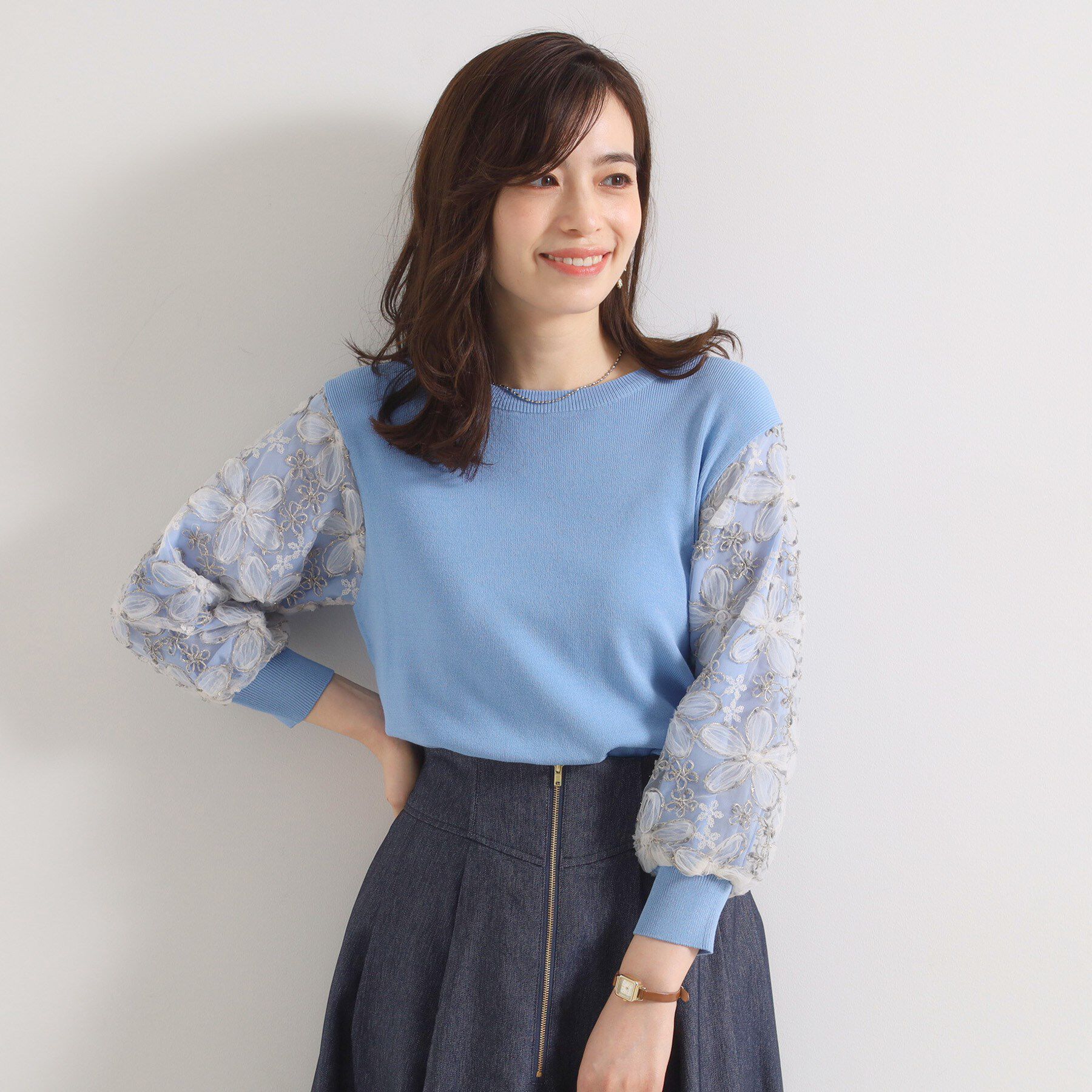 ITS&rsquo;DEMO「【手洗い可】立体レース袖ニット」|ニット・セーター|ブルー(091)