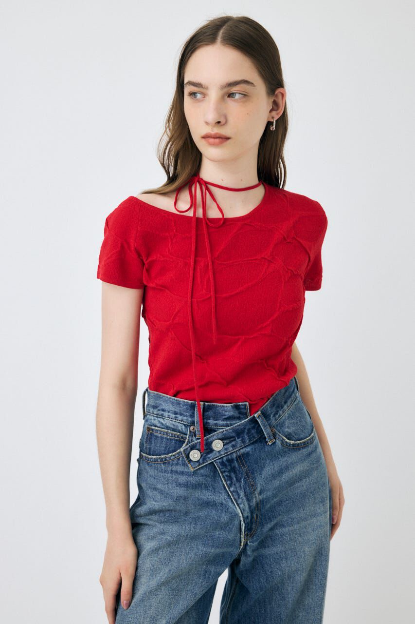 MOUSSY「NECK STRAP ジャガード TEE」|ニット・セーター|RED