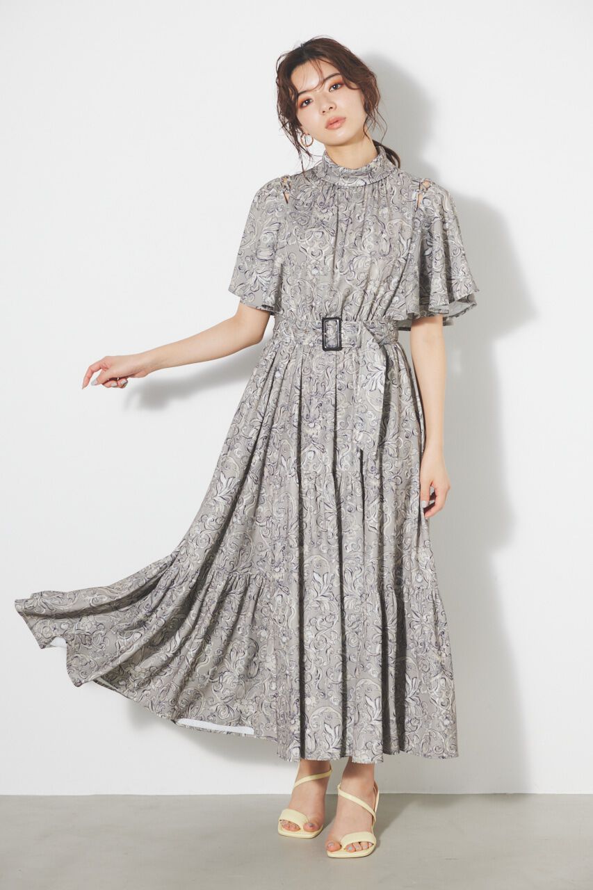 rienda「スリットショルダーフレアSLV OP」|ワンピース|柄BEG5