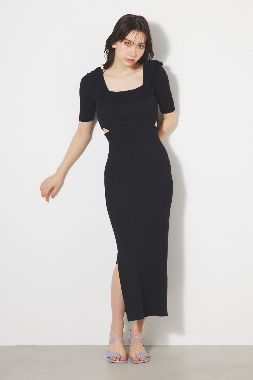 rienda「フリルパターンタイトKnit OP」|ワンピース|BLK