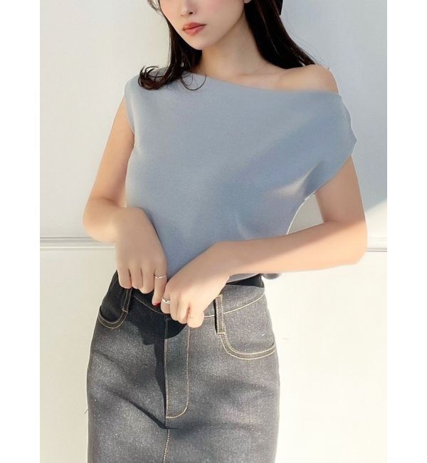 RESEXXY「アシンメトリーボートネックニットトップス」|ニット・セーター|ブルー