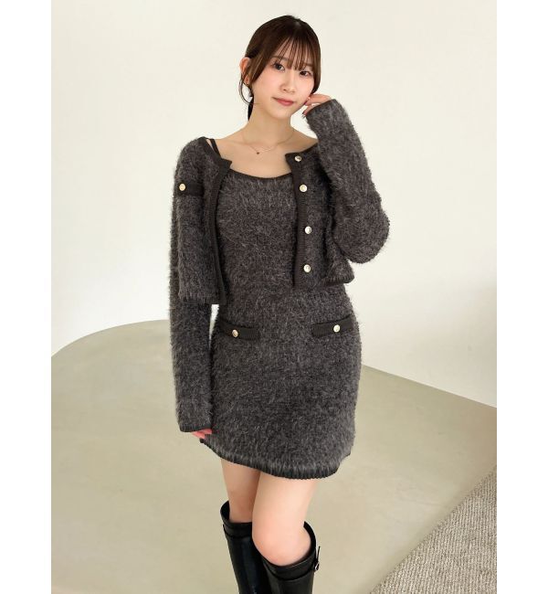 dazzlin「【セット対応】ヘアリーニットジャケット」|ノーカラージャケット|チャコールグレー