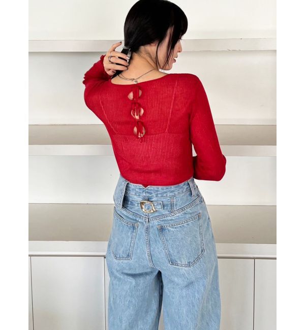 LAGUNAMOON「【WEB限定】シアーリボンニットプルオーバー」|ニット・セーター|レッド