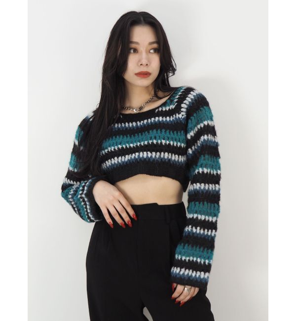 EVRIS「ボーダーメッシュショートニットトップス」|ニット・セーター|ブラック