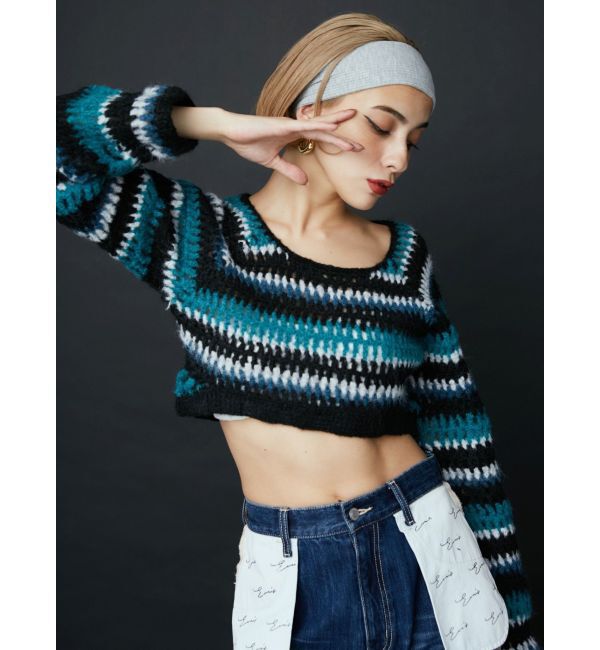 EVRIS「ボーダーメッシュショートニットトップス」|ニット・セーター|