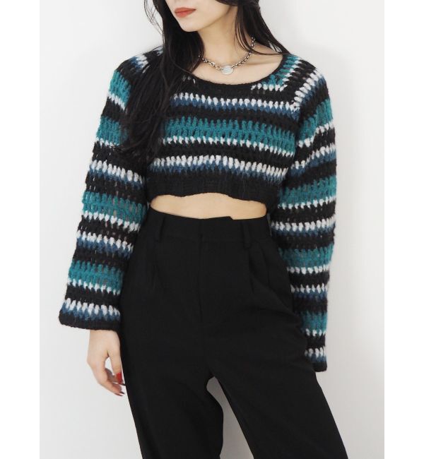 EVRIS「ボーダーメッシュショートニットトップス」|ニット・セーター|