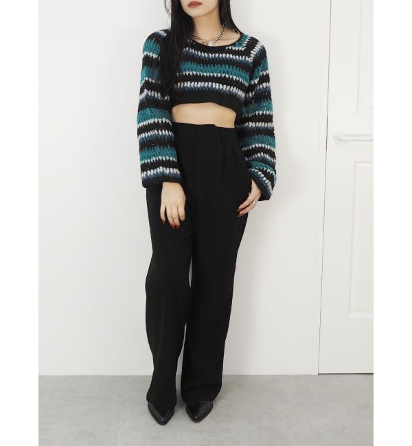 EVRIS「ボーダーメッシュショートニットトップス」|ニット・セーター|