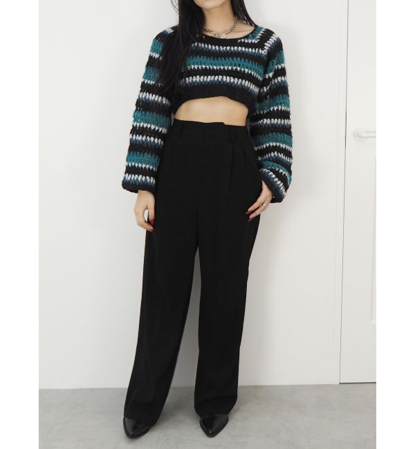 EVRIS「ボーダーメッシュショートニットトップス」|ニット・セーター|