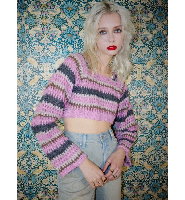 EVRIS「ボーダーメッシュショートニットトップス」|ニット・セーター|