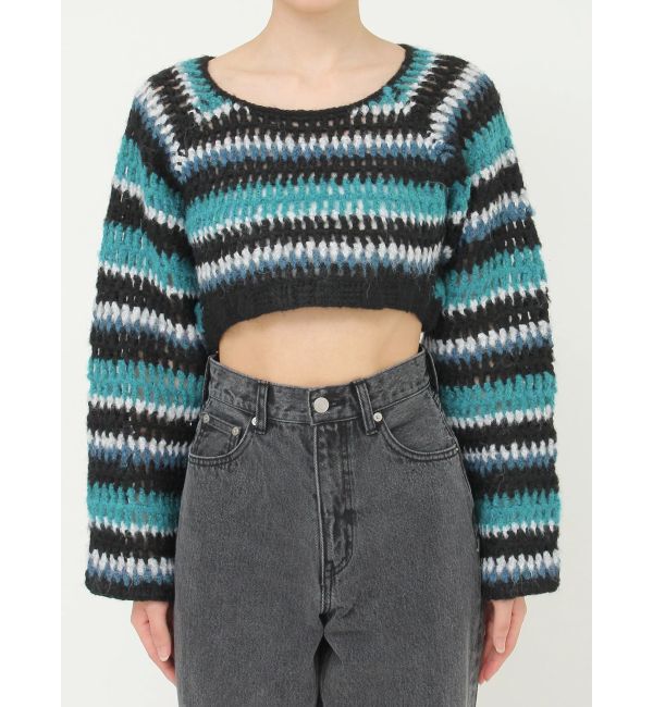 EVRIS「ボーダーメッシュショートニットトップス」|ニット・セーター|