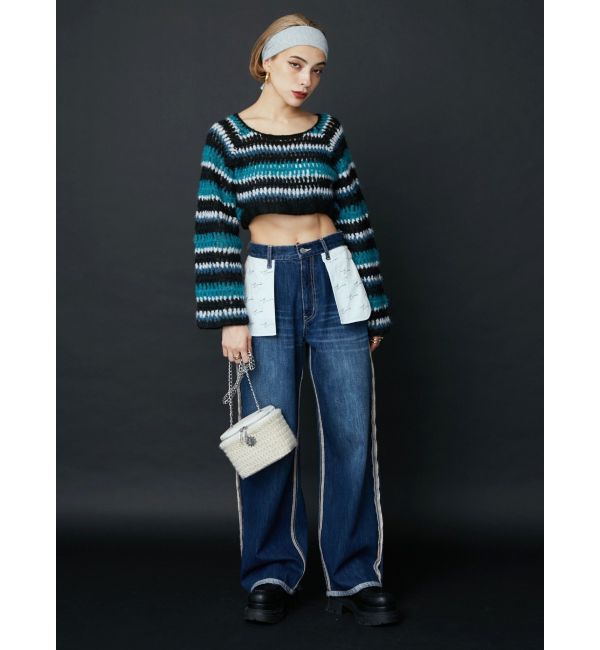 EVRIS「ボーダーメッシュショートニットトップス」|ニット・セーター|