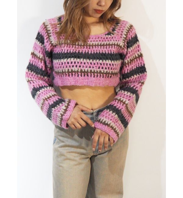 EVRIS「ボーダーメッシュショートニットトップス」|ニット・セーター|