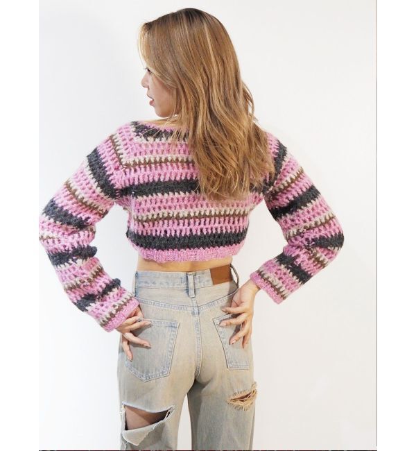 EVRIS「ボーダーメッシュショートニットトップス」|ニット・セーター|