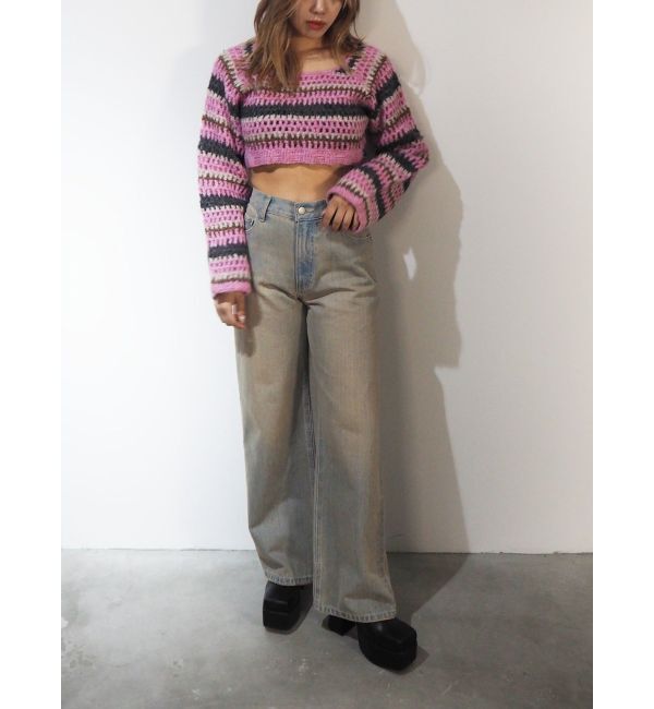 EVRIS「ボーダーメッシュショートニットトップス」|ニット・セーター|