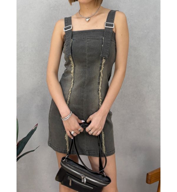 EVRIS「デニムフリンジジャンスカ」|ジャンパースカート|ブラック