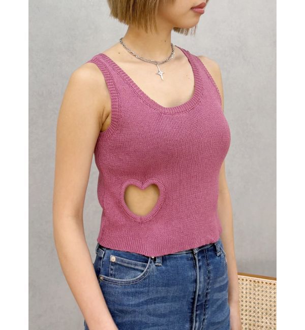 EVRIS「ハートカッティングニットトップス」|タンクトップ|ピンク