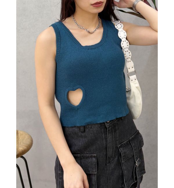 EVRIS「ハートカッティングニットトップス」|タンクトップ|ブルー